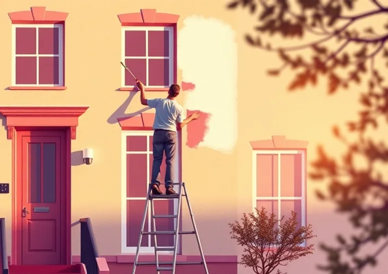 Peintre sur échafaudage traitant la façade d'une maison