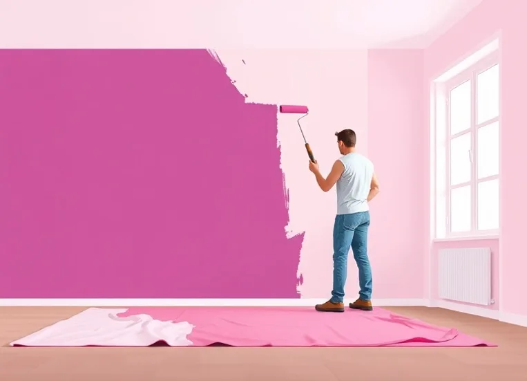 Peintre appliquant la peinture au rouleau sur un mur de salon